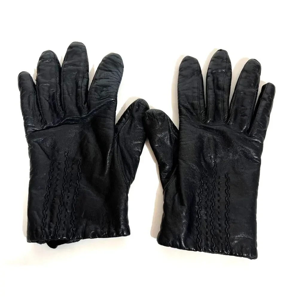 Van Raalte Black Leather Gloves 1980s Vintage Medium Knit Lining Vintage Retro